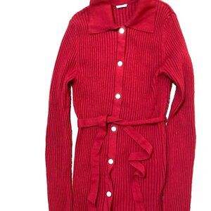 Wolford Cardigan Sweater Lipstick Red Sz L Ribbed Snaps Belt Wool Cotton Blend